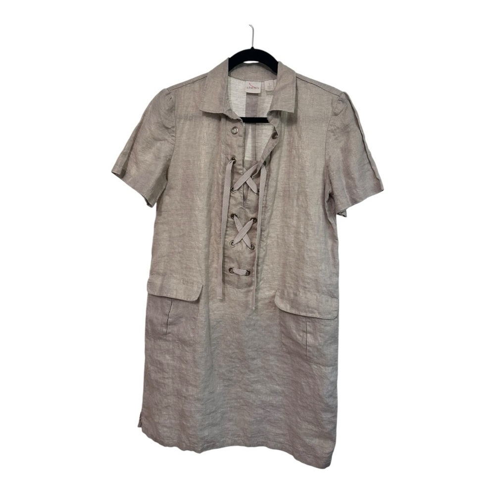 Chico’s Foiled 100% Linen Tan Tie Front Collared Shirt Dress Pockets Beige, sz 1